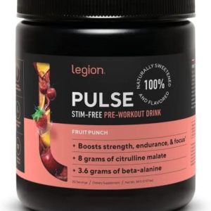LEGION Pulse Pre Workout Supplement - All Natural Nitric Oxide Preworkout Drink to Boost Energy, Creatine Free, Naturally Sweetened, Beta Alanine, Citrulline, Alpha GPC (Caffeine Free Fruit Punch)