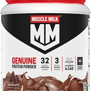 Muscle Milk Genuine Protein Powder, Chocolate, 1.93 Pounds, 12 Servings, 32g Protein, 3g Sugar, Calcium, Vitamins A, C & D, NSF Certified for Sport, Energizing Snack, Packaging May Vary