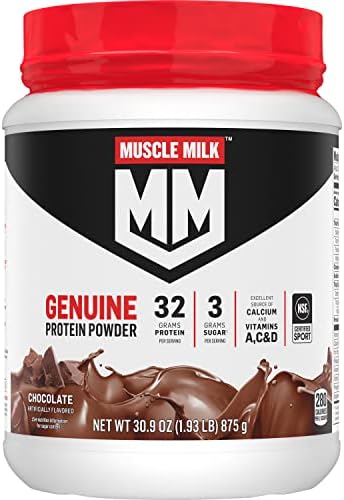 Muscle Milk Genuine Protein Powder, Chocolate, 1.93 Pounds, 12 Servings, 32g Protein, 3g Sugar, Calcium, Vitamins A, C & D, NSF Certified for Sport, Energizing Snack, Packaging May Vary