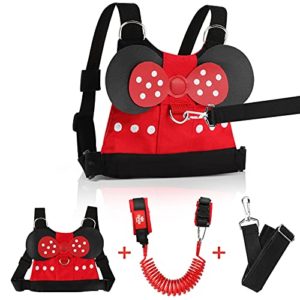Toddlers Leash for Walking + Anti Lost Wrist Link Safety Wrist 4 in 1 for Toddlers, Child, Babies & Kids, Safety Harness Kids Walking Wristband Assistant Strap Belt (Red Minnie Toddler Leash)