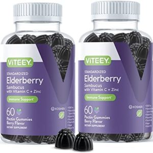 Sambucus Black Elderberry Gummies [3 in 1 Immune Booster] Plus Zinc & Vitamin C - Herbal Dietary Supplements, Plant Based Pectin - Good for Adults Teens & Kids - Berry Flavored Gummy [60 Count-2 Pack]