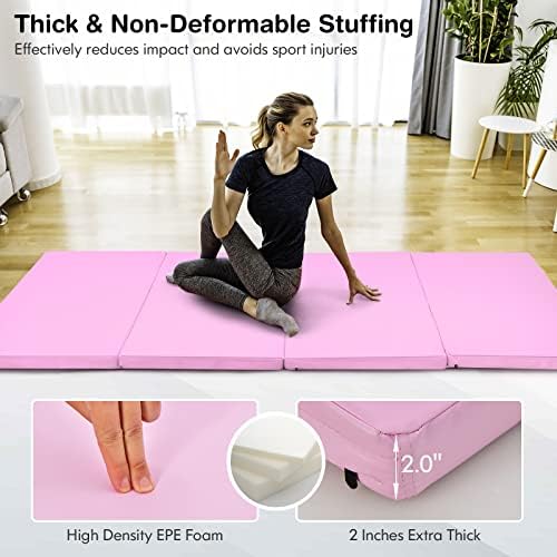 GYMAX Folding Gymnastics Mat, 8' x 4' x 2" Thick Exercise Mat with Carry Handles & Waterproof Detachable PU Leather Cover, Lightweight Tumbling Mat for Yoga Stretching Aerobics Home Gym Fitness - Image 7