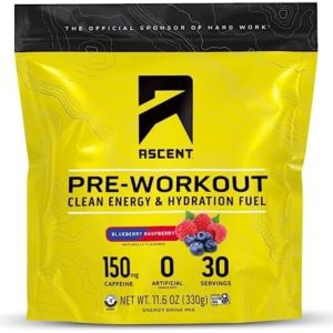 Ascent Pre Workout Powder - Preworkout for Men & Women with Zero Artificial Flavors & Sweeteners - Clean Energy with 150g Caffeine & 250g Electrolytes - Blueberry Raspberry, 30 Servings
