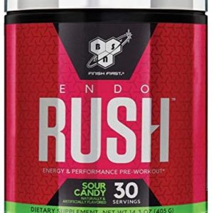 BSN Endorush Pre Workout Powder, Energy Supplement for Men and Women, 300mg of Caffeine, with Beta-Alanine and Creatine, Sour Candy, 30 Servings , 14.3 Ounce (Pack of 1)
