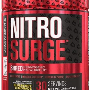 Jacked Factory NITROSURGE Shred Pre Workout Supplement - Energy Booster, Instant Strength Gains, Sharp Focus, Powerful Pumps - Nitric Oxide Booster & PreWorkout Powder - 30Sv, Blueberry Lemonade