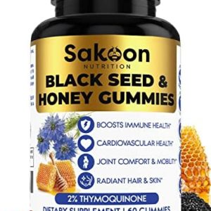 Sakoon nutrition Black Seed Oil & Honey Gummies W/ 2%+ THYMOQUINONE | Nigella Sativa Seeds| Super antioxidant for Immune Support, Joints, Digestion, Hair & Skin | 60 Gummies