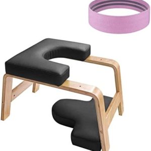 Headstand Chair Headstand Bench Wooden Frame Inversion Training Black Leather for Home Gym Indoor Yoga Training Relieve Fatigue (with Yoga Elastic Band)