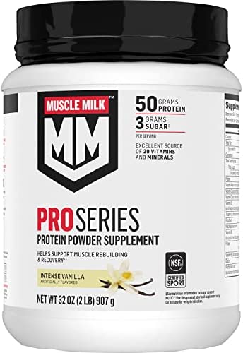 Muscle Milk Pro Series Protein Powder Supplement, Intense Vanilla, 2 Pound, 11 Servings, 50g Protein, 3g Sugar, 20 Vitamins & Minerals, NSF Certified for Sport, Workout Recovery, Packaging May Vary