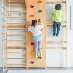 Avenlur Walnut 9-in-1 Swedish Ladder Wall Gym Set, Rock Climbing, Trapeze, Pullup Bars, Swing, Rope Climb, Net Climber, Convertible Slide Indoor Montessori Waldorf Playground Gymnastics Kids, Teens