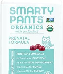 SmartyPants Organic Prenatal Vitamins, Daily Gummy Multivitamin: Folate, Probiotics, Vitamins C, D3, B12, K & Zinc for Immune Support, Digestive Health, & Fetal Development, 120 Gummies, 30 Day Supply