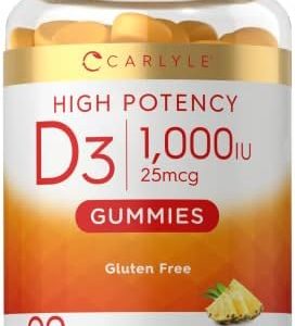 Carlyle Vitamin D3 1000iu Gummies | 90 Count | Vegetarian, Non-GMO, and Gluten Free Vitamin D Supplement | Natural Pineapple Flavor