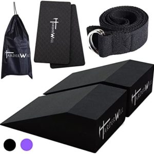 HarderWill Yoga Foam Wedge Blocks (Pair), Calf Raise Block, Calf Stretcher, Yoga Wrist Support, Balance, Pushup, Fitness, Pilates, Heel Stretcher, Squat Wedge with Gym Bag