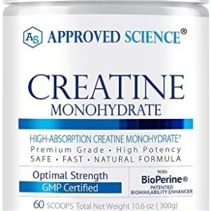 Approved Science Creatine Monohydrate Powder with BioPerine - Supports Lean Muscle Growth and Recovery - 60 Servings - 5000mg Per Serving - Unflavored - Non-GMO, Vegan