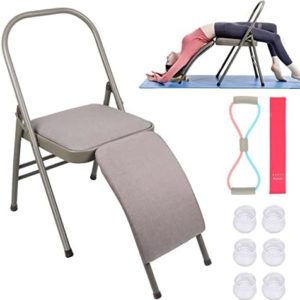 Yoga Chair Yoga Auxiliary Chair Flexibility Strength Training Tool with Lumbar Back Support for Iyengar Balance Training with Free Resistance Bands, Figure 8 Resistance Band, Chair Legs Caps, Grey