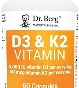Dr. Berg D3 K2 Vitamin 5000 IU w/MCT Oil - Includes 50 mcg MK7 Vitamin K2, Purified Bile Salts, Zinc & Magnesium for Ultimate Absorption - Supplement - 60 Capsules