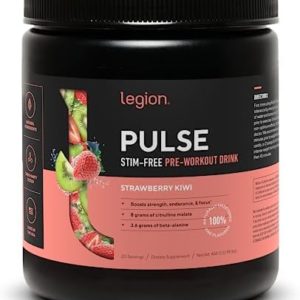 Legion Pulse Pre Workout Supplement - All Natural Nitric Oxide Preworkout Drink to Boost Energy, Creatine Free, Naturally Sweetened, Beta Alanine, Citrulline, Alpha GPC (Caffeine Free Strawberry Kiwi)