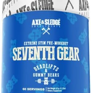 Axe & Sledge Supplements Seventh Gear Extreme Stimulant-Based Pre-Workout with TeaCrine, Infinergy, Creatine MagnaPower, Bioperine, 60 Servings (Deadlifts & Gummy Bears)