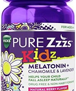 VICKS PURE Zzzs Kidz, Melatonin Sleep Aid Gummies for Kids and Children, Helps Your Child Fall Asleep Naturally, Low Dose Melatonin, Berry Flavored, 48 Gummies