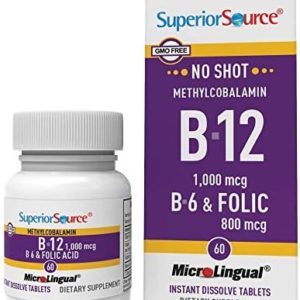 Superior Source No Shot Vitamin B12 Methylcobalamin (1000 mcg), B6, Folic Acid, Quick Dissolve Sublingual Tablets, 60 Ct, Increase Energy, Healthy Heart, Boost Metabolism, Stress Support, Non-GMO