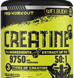 14in1 Creatine Monohydrate Supplement 9750 Mg With 3 Types - Monohydrate, Alphaketoglutarate & Pyruvate - Added Horny Goat Weed, Ashwagandha & More - Memory, Energy & Performance Support - 90 Capsules
