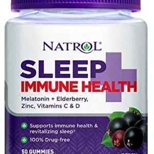 Natrol Sleep+ Immune Health Gummy, Sleep Aid & Immunity Support, Elderberry, Vitamins C, D and Zinc, Drug Free, 50 Berry Flavored Gummies