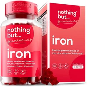 𝗪𝗜𝗡𝗡𝗘𝗥 𝟮𝟬𝟮𝟯* Iron Supplement for Women and Men with a Delicious Mixed Berry Flavor - Chewable Vegan Iron Supplements w/Vitamin C, Zinc, Folic Acid & B Vitamins - 60 Iron Gummies for Anemia