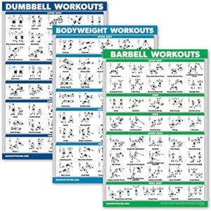 QuickFit 3 Pack - Dumbbell Workouts + Bodyweight Exercises + Barbell Routine Poster Set - Set of 3 Workout Charts