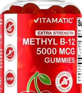 Vitamatic Extra Strength Vitamin B12 5000 mcg (Methyl B12) Gummies - 120 Count - Energy Metabolism Support and Nervous System Health Support, Natural Cherry Flavored (1)