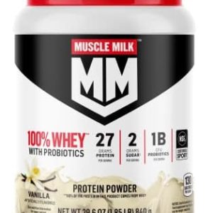 Muscle Milk 100% Whey With Probiotics Protein Powder, Vanilla, 1.85 Pound, 23 Servings, 27g Protein, 2g Sugar, 1B CFU Probiotics, Low in Fat, NSF Certified for Sport, Packaging May Vary