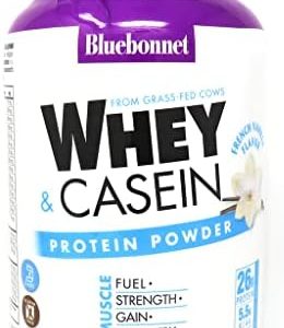 Bluebonnet Nutrition Whey & Casein Protein Powder, Whey from Grass Fed Cows, 26 Grams of Protein, No Sugar Added, Non GMO, Gluten Free, Soy Free, Kosher, 2.1 lbs, 28 Serving, French Vanilla Flavor