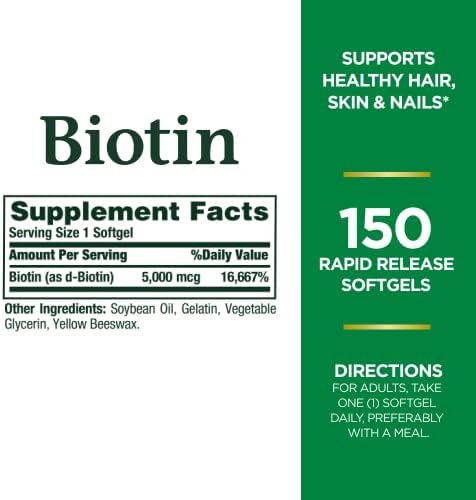 Nature's Bounty Biotin, Vitamin Supplement, Supports Metabolism for Cellular Energy and Healthy Hair, Skin, and Nails, 5000 mcg, 150 Softgels - Image 2