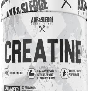 Axe & Sledge Supplements Basics Creatine, Enhances Strength, Increases Lean Body Mass, Boosts Performance, Unflavored, 50 Servings