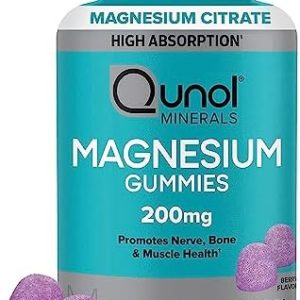 Magnesium Gummies for Adults, Qunol 200mg Magnesium Citrate Gummies, High Absorption Magnesium Supplement, Supports Nerve Health, Bone Health, Muscle Health, Vegetarian, 90 Count