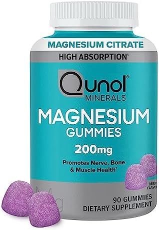 Magnesium Gummies for Adults, Qunol 200mg Magnesium Citrate Gummies, High Absorption Magnesium Supplement, Supports Nerve Health, Bone Health, Muscle Health, Vegetarian, 90 Count