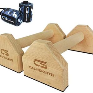 CALI SPORTS Push Up Bar Calisthenics Equipment, Solid Wood Parallettes Bars for Floor Use, Perfect Pushup Bar and Handstand Push Up Handles for Men and Women, Includes Wrist Wraps