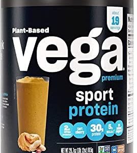 Vega Sport Premium Vegan Protein Powder, Peanut Butter - 30g Plant Based Protein, 5g BCAAs, Low Carb, Keto, Dairy Free, Gluten Free, Non GMO, Pea Protein for Women & Men, 1.8 lbs (Packaging May Vary)