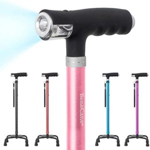 BeneCane Quad Cane Walking Cane with Two Led Lights with Big Base T Handle＆Lightweight Adjustable Walking Stick Four Pronged Sturdy for Men and Women