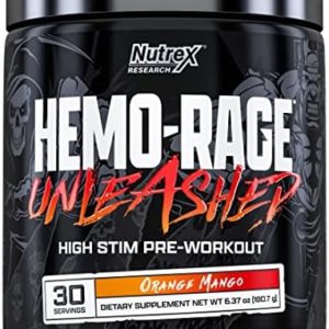 Nutrex Research Hemo-Rage Extreme High Stim Pre Workout Powder | Insane Lasting Energy, Focus, Endurance & Pump Booster Preworkout Supplement | Orange Mango 30 Servings