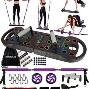 HOTWAVE Portable Home Gym with 16 Fitness Accessories,Pushups Board with Resistance Band,Ab Roller for Abs Workout,Pilates Bar Kit,All-in-One Exercise System for Man and Women