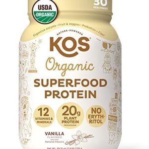 KOS Vegan Protein Powder Erythritol Free, Vanilla USDA Organic - Pea Protein Blend, Plant Based Superfood Rich in Vitamins & Minerals - Keto, Dairy Free - Meal Replacement for Women & Men, 30 Servings