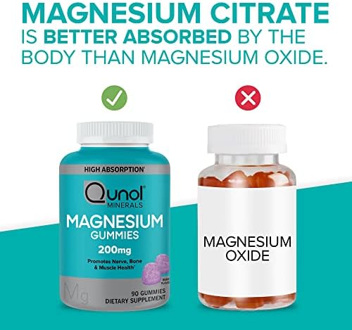 Magnesium Gummies for Adults, Qunol 200mg Magnesium Citrate Gummies, High Absorption Magnesium Supplement, Supports Nerve Health, Bone Health, Muscle Health, Vegetarian, 90 Count - Image 3