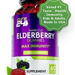 Cure24 Sambucus Natural Elderberry Gummies for Adults & Kids with Zinc and Vitamin C. -Triple Immune Support- Made in USA,60 Gummy Chews, Made with Pectin (1 Pack)