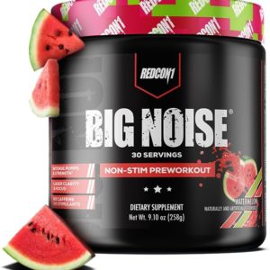 REDCON1 Big Noise Non-Stim Pre Workout - Pump, Muscular Endurance + Focus Enhancing Caffeine Free Pre Workout Powder - Keto Friendly Workout Powder for Faster Gains (Watermelon, 30 Servings)