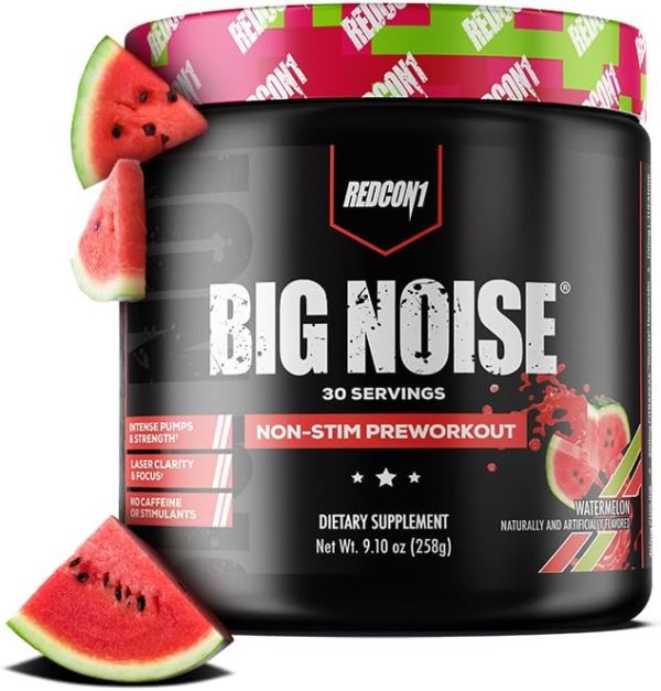 REDCON1 Big Noise Non-Stim Pre Workout - Pump, Muscular Endurance + Focus Enhancing Caffeine Free Pre Workout Powder - Keto Friendly Workout Powder for Faster Gains (Watermelon, 30 Servings)
