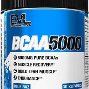 Evlution EVL BCAAs Amino Acids Powder - BCAA Powder Post Workout Recovery Drink and Stim Free Pre Workout Energy Drink Powder - 5g Branched Chain Amino Acids Supplement for Men - Blue Raz