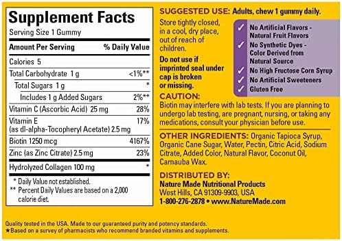 Nature Made Collagen Gummies with Vitamin C, Zinc and Biotin, Hydrolyzed Collagen Peptides Supplement for Healthy Skin Support, 60 Gummies, 60 Day Supply - Image 5