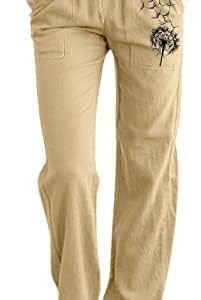 Cropped Linen Pants Women,Women's Wide Leg Pants High Elastic Waisted in The Back Business Work Trousers with Pocket