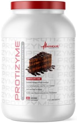Metabolic Nutrition | Protizyme | 100% Whey Protein Powder | High Protein, Low Carb, Low Fat with Digestive Enzymes, 24 Essential Vitamins and Minerals | Chocolate Cake, 2 Pound