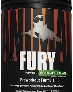 Animal Fury Pre Workout Powder Supplement – Energize Your Workout With More Focus, Energy, Endurance and Pumps, Green Apple - 20 Servings