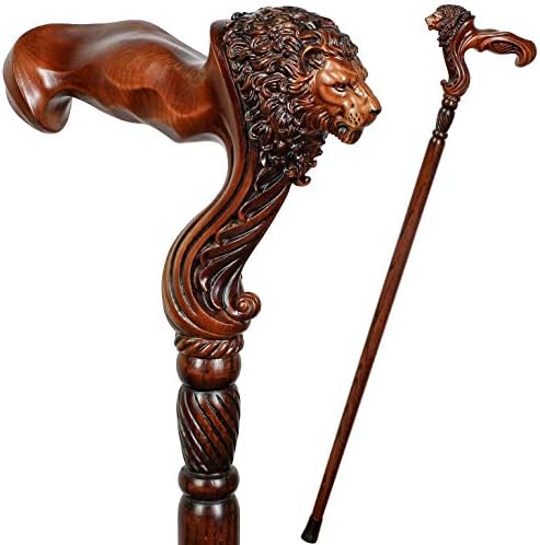 GC-Artis Lion Head Wood Carved Walking Stick Ergonomic Palm Grip Handle 36” Wooden Walking Cane for Men Women Brown